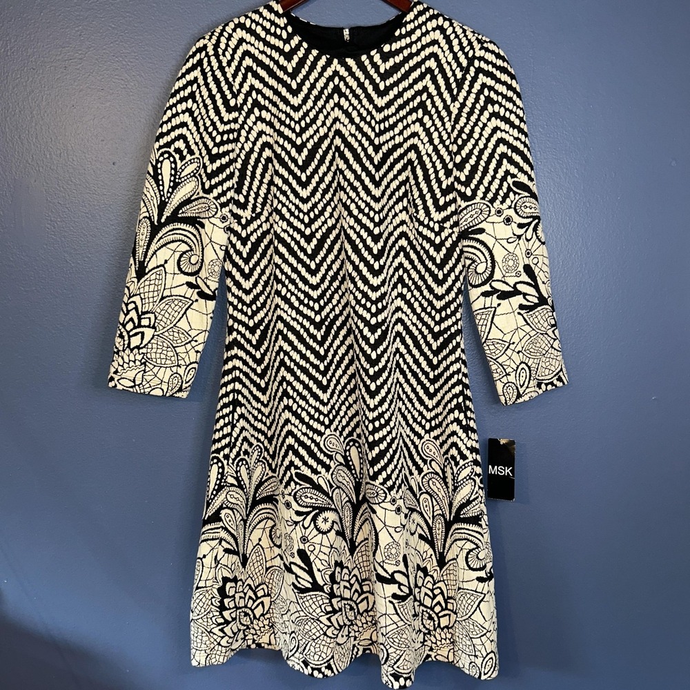 MSK Dress Womens M Black Fit & Flare Knee Length Round Neck 3/4 Sleeve Jacquard